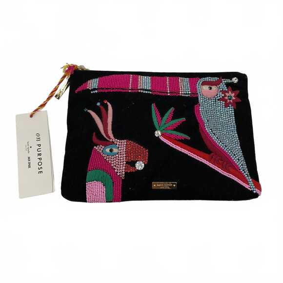 kate spade Bird Beaded Pouch | Black 100% Cotton Clutch | Regular OS